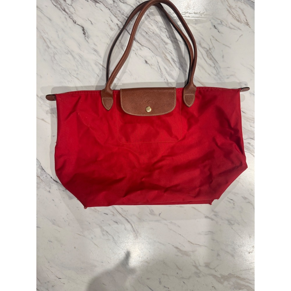 Longchamp Le Pliage Large Shoulder Tote Red Nylon Brown Leather Long Handle Bag